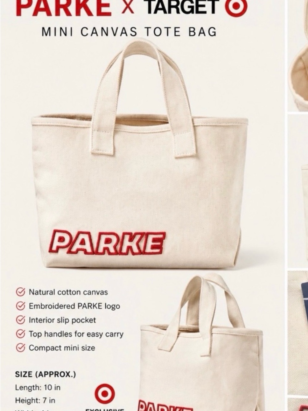 Park x Target canvas Mini Tote in Cream with Red Embroidered Logo